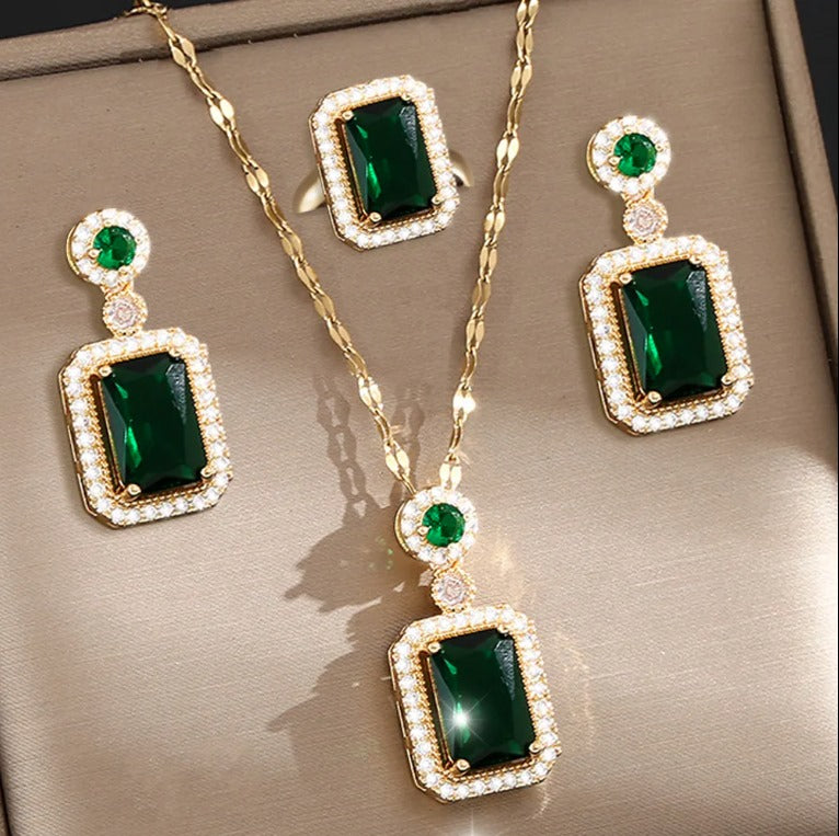 Luxury Emerald Green Stone Gold-Plated Jewelry Set