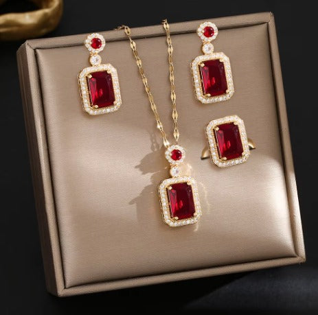 Luxury Ruby Red Stone Gold-Plated Jewelry Set