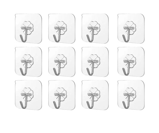 Heavy-Duty Adhesive Wall Hooks – No Drilling, Transparent Design (Pack of 12)