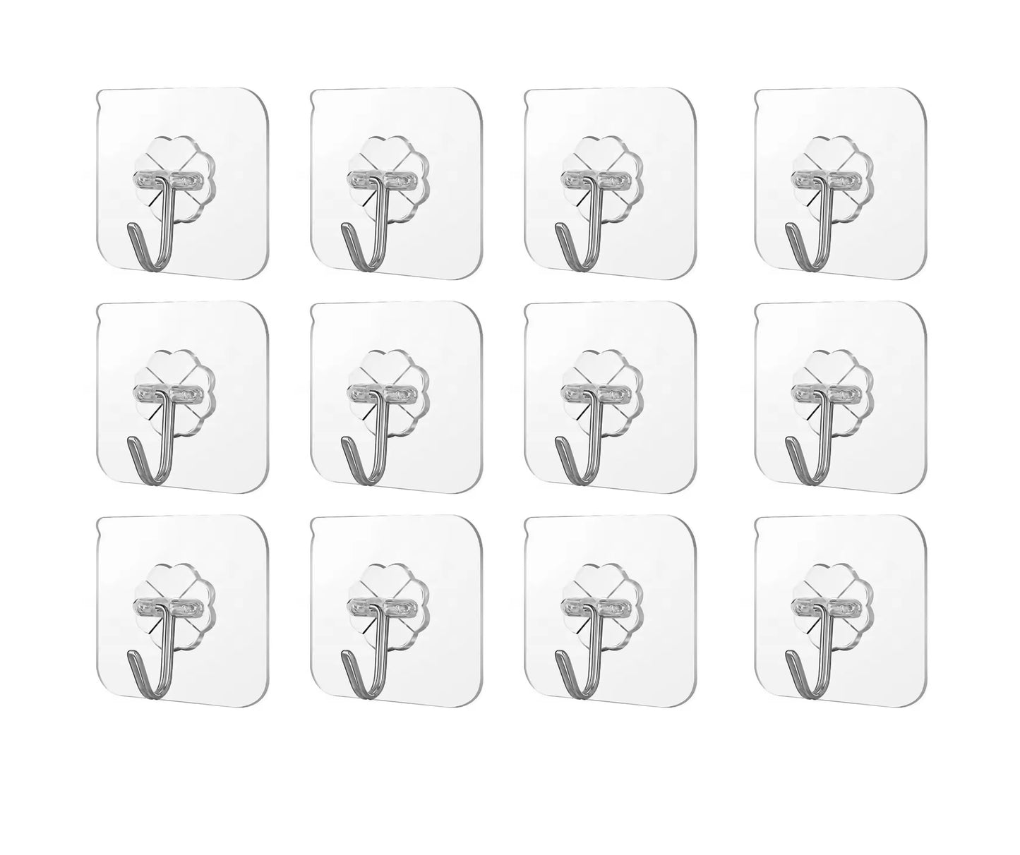 Heavy-Duty Adhesive Wall Hooks – No Drilling, Transparent Design (Pack of 12)
